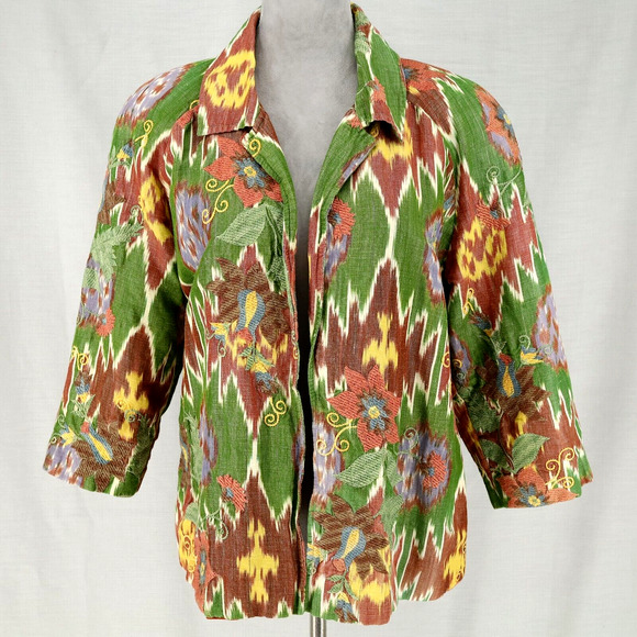 Coldwater Creek Jackets & Blazers - Coldwater Creek Jacket Womens XL Embroidered Linen Cotton Lined Green Red Gold